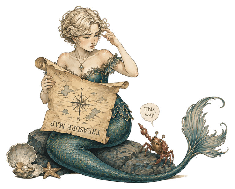 A puzzled mermaid studying an upside-down treasure map while a crab points the way
